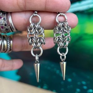 Handmade maille spike dangly stainless steel post earrings boho goth punk silver